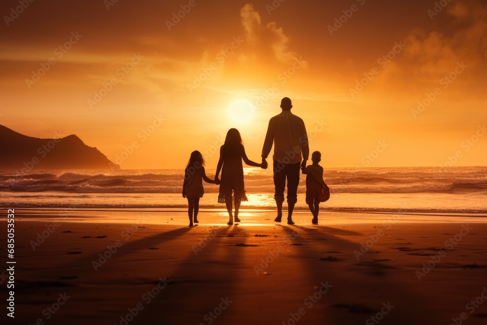 Happy family with dog walking on the beach at sunset. Concept of friendly family, Happy family on sandy beach near sea at sunset, AI Generated Happy family with dog walking on the beach at sunset. Concept of friendly family, Happy family on sandy beach near sea at sunset, AI Generated