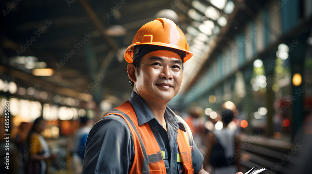 The engineer is inspecting the railway switch and checking the construction process at the railroad station, wearing safety uniform and helmet, The engineer is inspecting the railway switch and checking the construction process at the railroad station, wearing safety uniform and helmet,