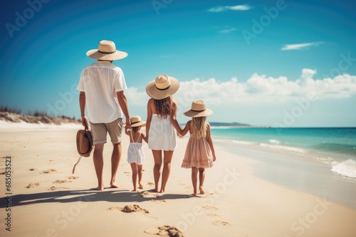 happy family with two kids walking on tropical sand beach at summer vacation, Happy family enjoying together on beach on holiday vacation, AI Generated photo