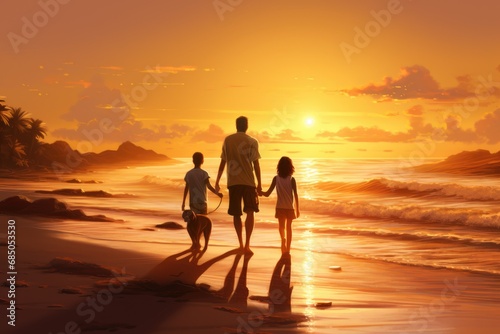 Father and two kids walking on the beach at sunset, family vacation concept, Happy family on sandy beach near sea at sunset, AI Generated