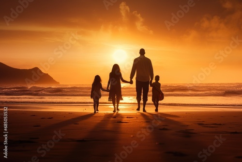 Happy family with dog walking on the beach at sunset. Concept of friendly family  Happy family on sandy beach near sea at sunset  AI Generated