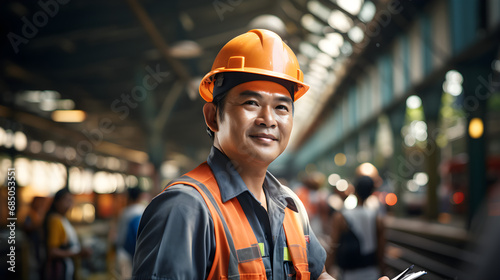 The engineer is inspecting the railway switch and checking the construction process at the railroad station, wearing safety uniform and helmet, © Jhon