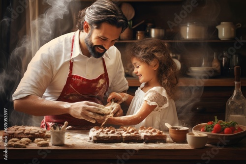Cute little girl and her handsome dad are cooking cakes in the kitchen, Happy father and daughter baking in a kitchen, AI Generated