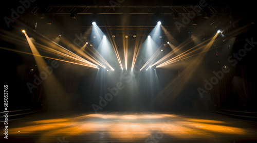 An empty stage of the theater, lit by spotlights and smoke before the performance Generative AI