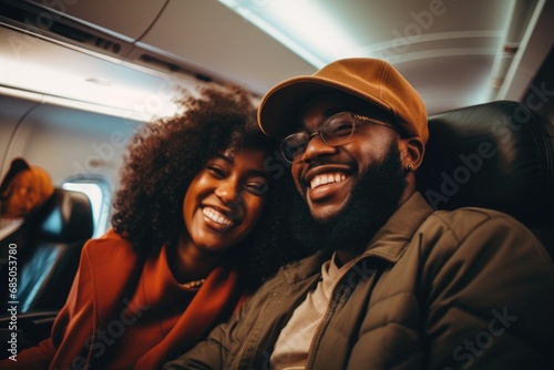 Happy african american couple traveling by airplane. Traveling together, Happy smiling black couple is flying in an airplane in first class, AI Generated