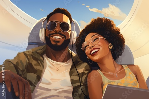 Happy african american man and woman in headphones listening to music with laptop. Cheerful young couple enjoying their free time together. Leisure concept, Happy smiling black, AI Generated © Ifti Digital