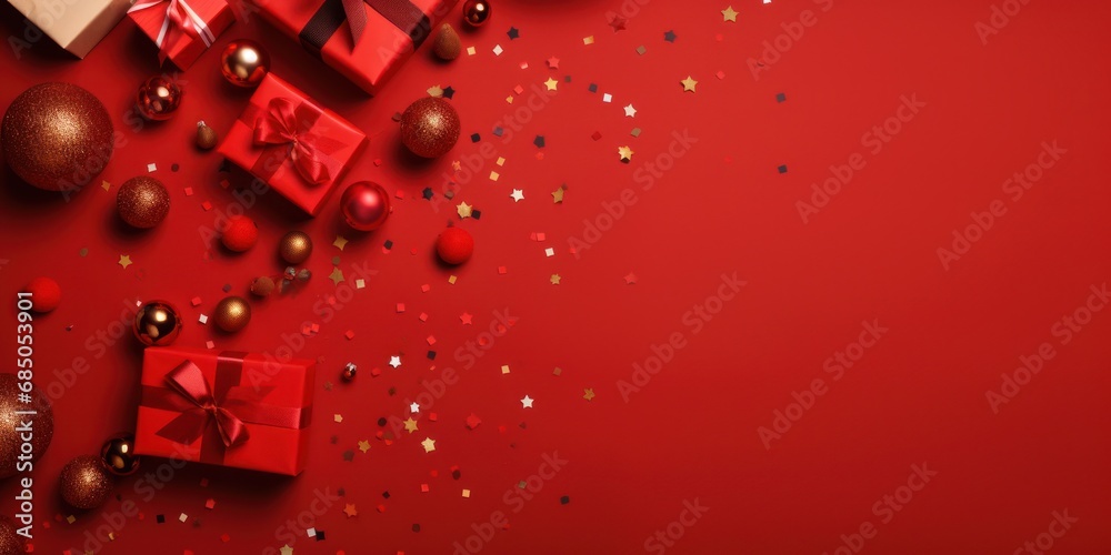 Christmas Red Background. Festive Decor Flatlay. Winter Holiday Decoration. Merry Xmas Gift Christmas Red Background. Festive Decor Flatlay. Winter Holiday Decoration. Merry Xmas Gift
