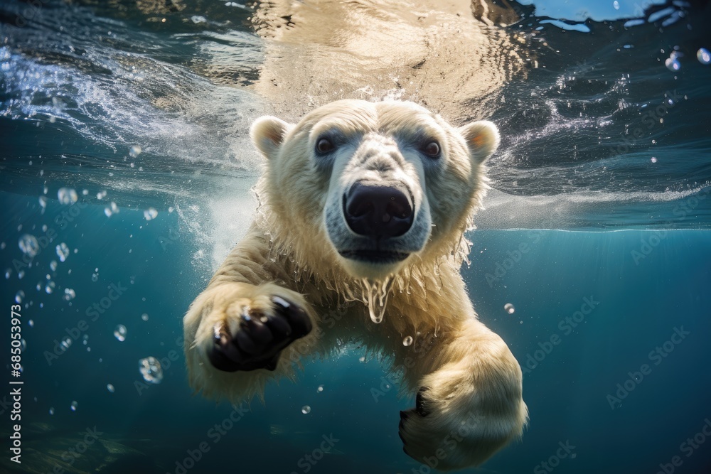Polar bear swimming underwater in the water. 3d rendering, A polar bear swimming underwater in a playful environment, AI Generated