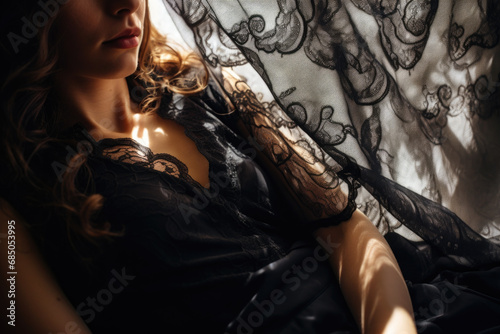 Portrait of a beautiful sensual woman in a black lace and silk nightgown laying in bed photo