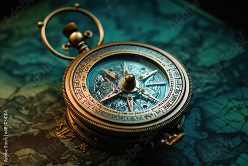 Compass on old map. Vintage style toned picture. Selective focus, A retro compass that looks like it belongs to a pirate, AI Generated