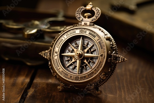 Antique brass compass on a wooden table. Vintage style. Close up, A retro compass that looks like it belongs to a pirate, AI Generated