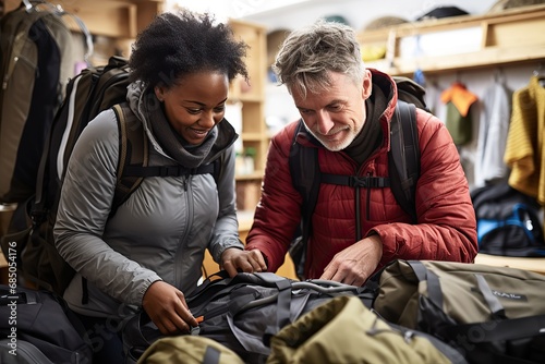Middle age African American woman and man packing travel backpack for a global adventure, adult couple travelling on retirement holiday vacation during summer
