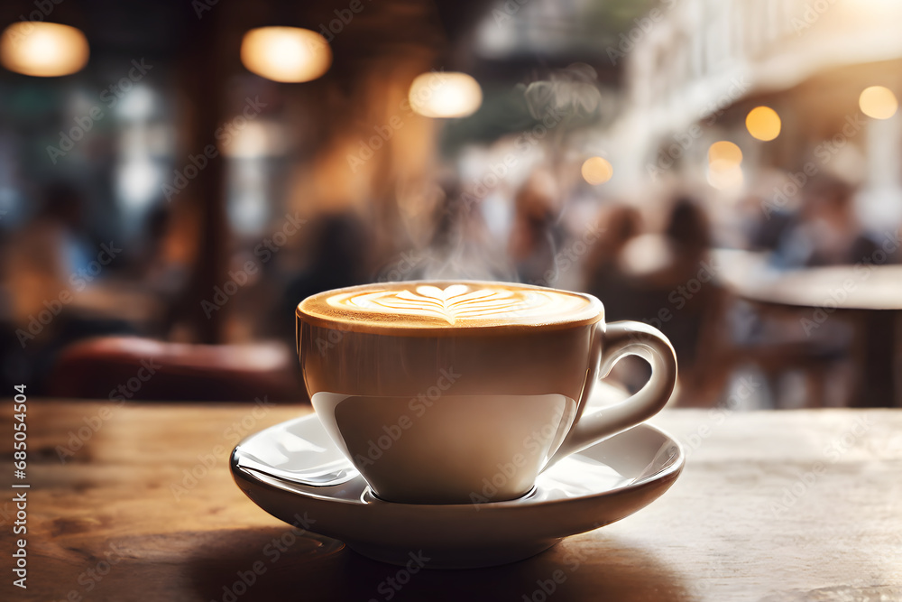 Hot Latte coffee cup on wood table at cafe in the morning. blur moving people at cafe background Hot Latte coffee cup on wood table at cafe in the morning. blur moving people at cafe background