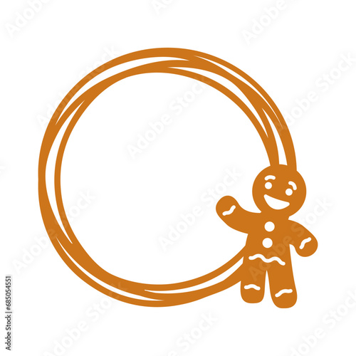 Tiempo de Navidad. Postre navideño. Logo con marco circular con líneas con silueta de hombre de pan de jengibre para usar en tarjetas y felicitaciones