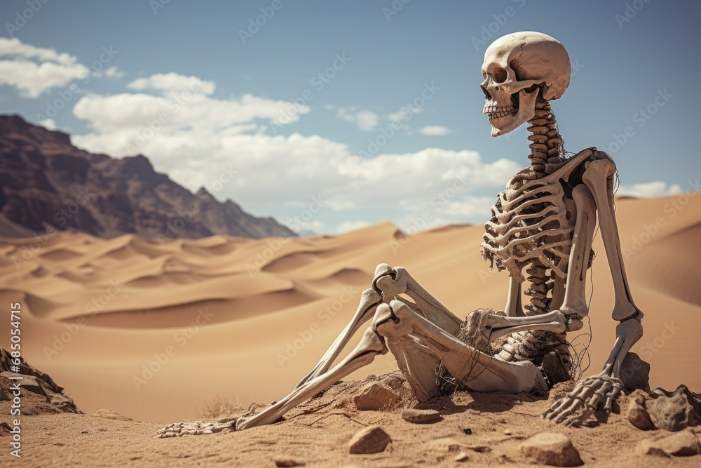 Skeleton in the desert with sand dunes and blue sky, A skeleton in the desert, Environmental pollution causing the end of the human race, AI Generated