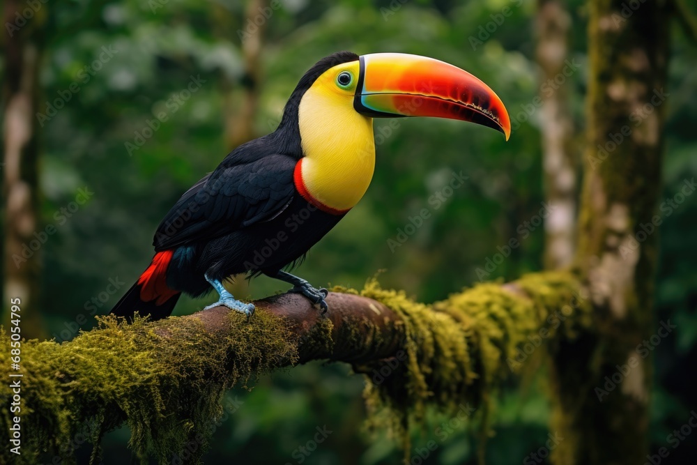 Obraz premium Toucan sitting on a branch in the rainforest of Costa Rica, A toucan overlooking the Amazon rainforest, AI Generated