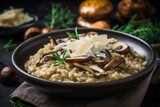Vegetarian mushroom risotto food meal. Vegan portion porcini culture recipe. Generate Ai