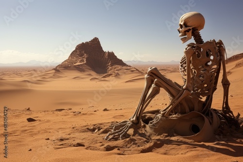 3D rendering of a skeleton sitting in the Sahara desert, Morocco, A skeleton in the desert, Environmental pollution causing the end of the human race, AI Generated photo