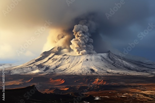 Volcanic eruption in Kamchatka, Russia, at sunrise, A small volcanic eruption on Mt Fagradalsfjall, Southwest Iceland, AI Generated