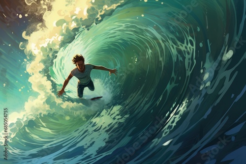 Surfer in ocean with big wave. 3d illustration. Elements of this image furnished by NASA, A surfer man with a surfboard dives underwater with an ocean wave beneath, AI Generated