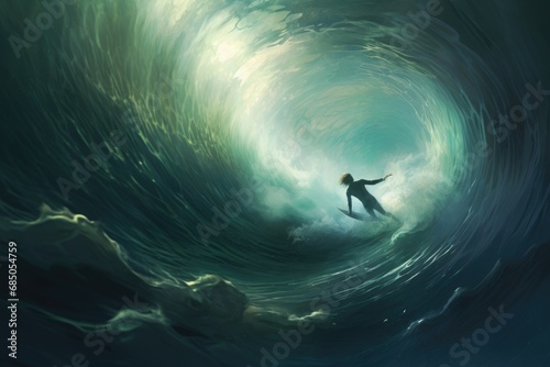 Surfer in ocean with big wave. 3d render illustration  A surfer man with a surfboard dives underwater with an ocean wave beneath  AI Generated