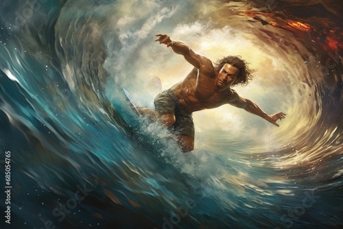Fototapeta Naklejka Na Ścianę i Meble -  Surfer in ocean. Surfing concept. 3D Rendering, A surfer man with a surfboard dives underwater with an ocean wave beneath, AI Generated