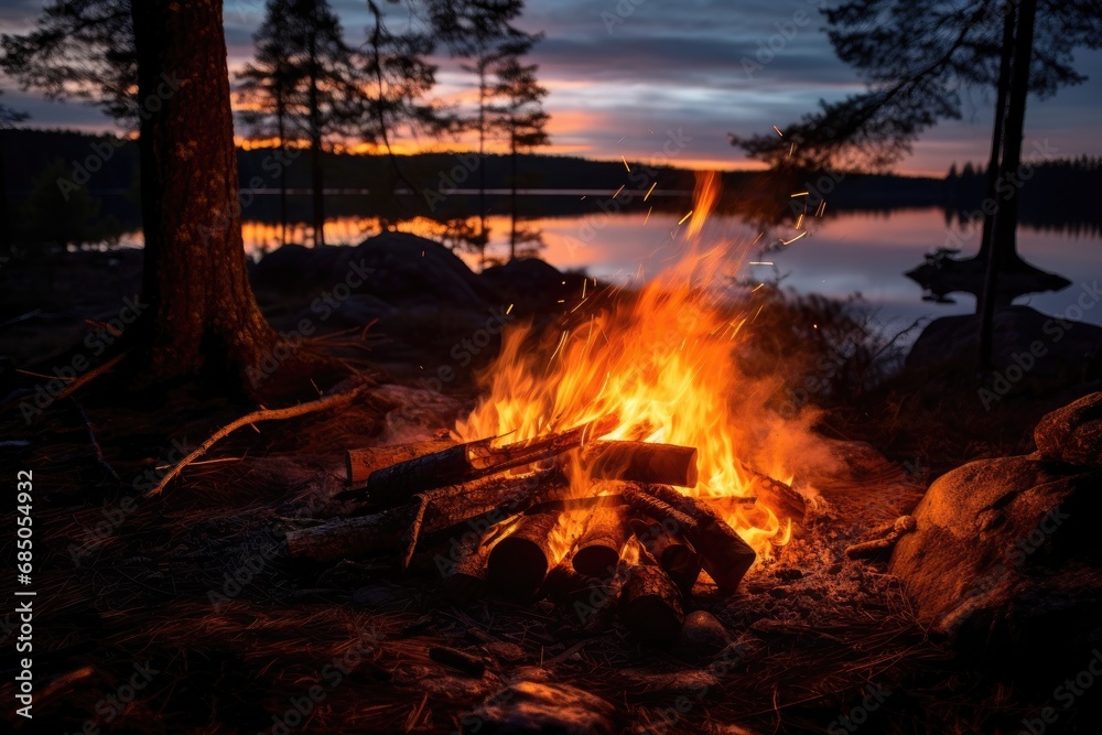 Camping on the shore of a lake at sunset in Finland, A wild campfire in a national park in Sweden, AI Generated Camping on the shore of a lake at sunset in Finland, A wild campfire in a national park in Sweden, AI Generated