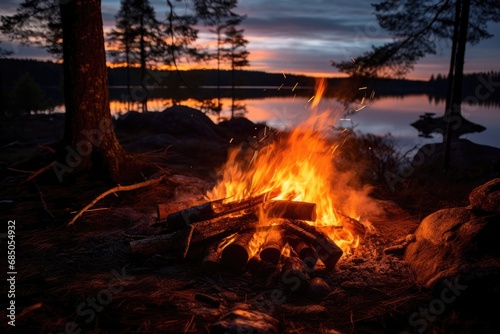 Camping on the shore of a lake at sunset in Finland  A wild campfire in a national park in Sweden  AI Generated