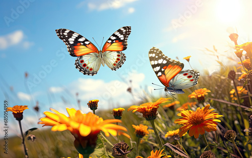 two butterflies of different colors are flying in the flowers