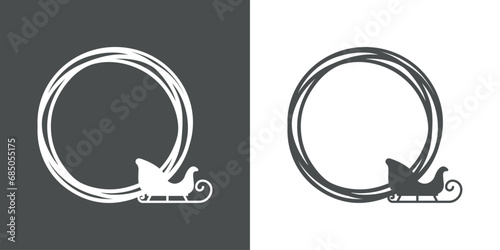 Tiempo de Navidad. Logo con marco circular con líneas con silueta de trineo de Santa para su uso en felicitaciones y tarjetas photo
