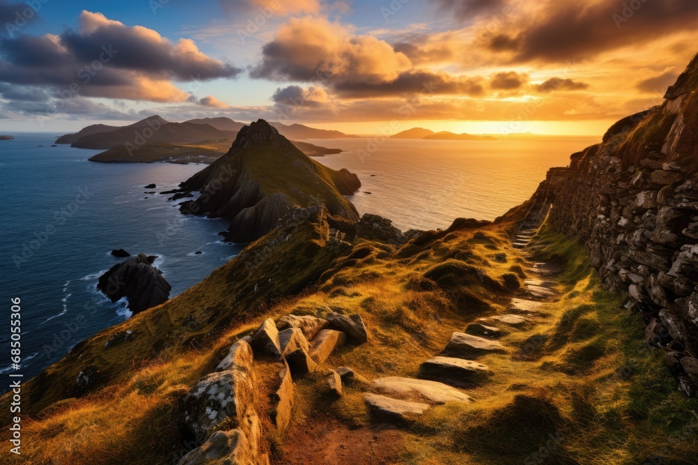 Sunset over St. John's Castle in Connemara, Ireland, A viewpoint from Bray Head on Valentia Island in the Ring of Kerry in the southwest coast of Ireland during an autumn, AI Generated - obrazy, fototapety, plakaty 