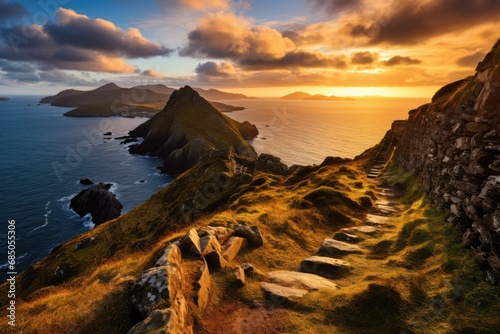 Sunset over St. John's Castle in Connemara, Ireland, A viewpoint from Bray Head on Valentia Island in the Ring of Kerry in the southwest coast of Ireland during an autumn, AI Generated photo