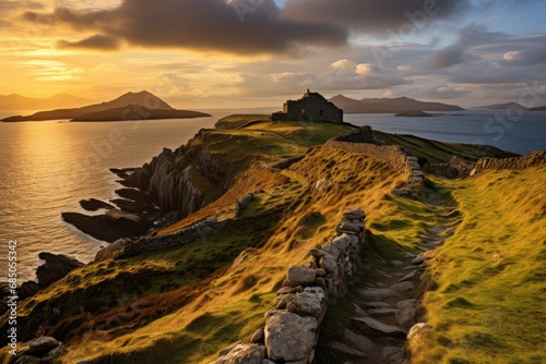 Beautiful sunset over the island of Mykines, Faroe Islands, A viewpoint from Bray Head on Valentia Island in the Ring of Kerry in the southwest coast of Ireland during an autumn, AI Generated photo