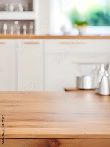 Wooden table on blurred kitchen bench background. Empty wooden table and blurred kitchen background
