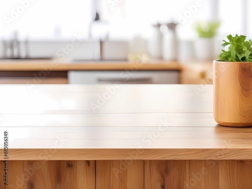 Wooden table on blurred kitchen bench background. Empty wooden table and blurred kitchen background 