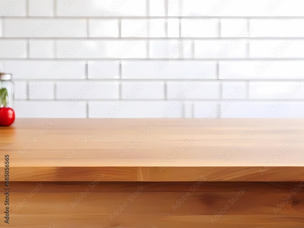 Wooden table on blurred kitchen bench background. Empty wooden table and blurred kitchen background
