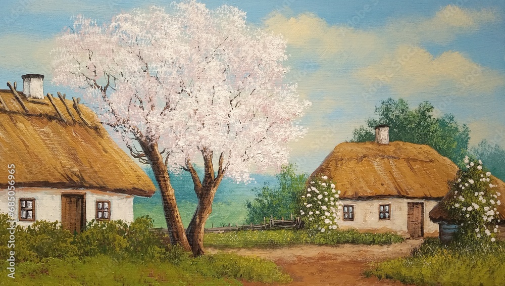 Oil paintings rural landscape, rural house in spring, old house in the village. Artwork, fine art
