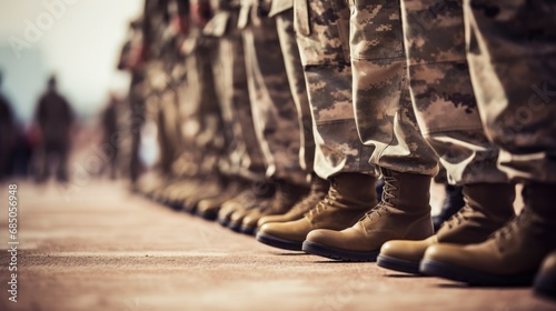 Army soldiers in a military formation, lined up in neat rows photo