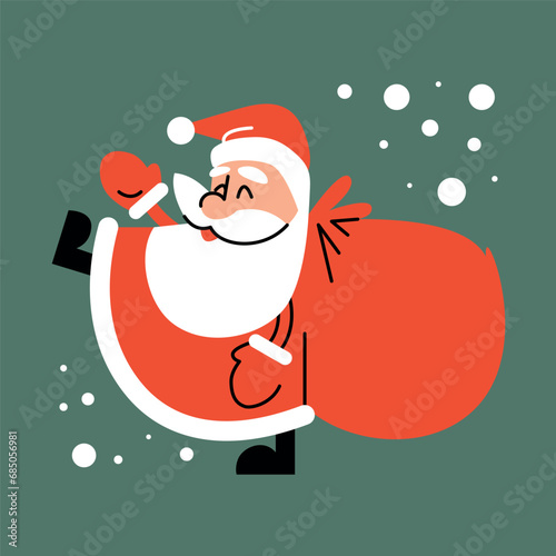 Santa Claus waves his hand welcomingly. Bag of gifts. Vector illustration in flat graphic style. Element for design of Christmas card, poster, banner. Wide step. Christmas character.