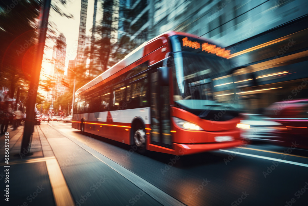 Urban Speed: City Bus in Motion on Busy Street