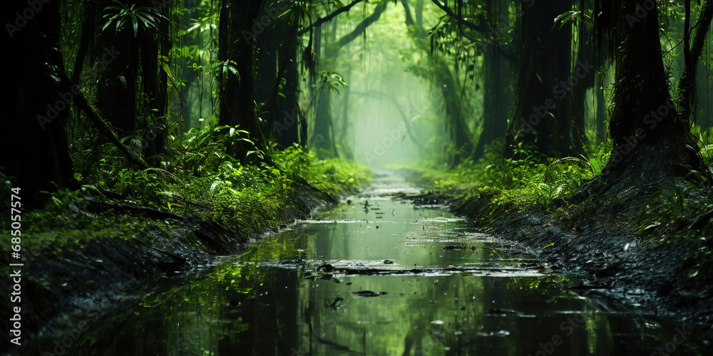 Swamp forest with a light mist. Quagmire in the spring green forest. Generative AI Swamp forest with a light mist. Quagmire in the spring green forest. Generative AI