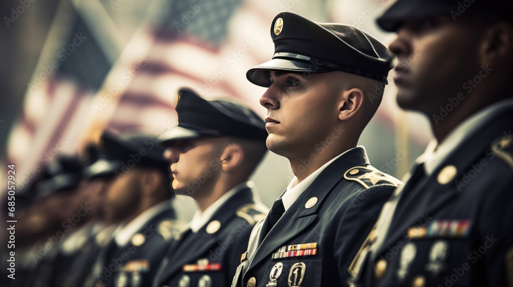Precise military parade with soldiers in formation, standing at attention. Neat rows, disciplined and uniformed, displaying strength, unity, and confidence Precise military parade with soldiers in formation, standing at attention. Neat rows, disciplined and uniformed, displaying strength, unity, and confidence