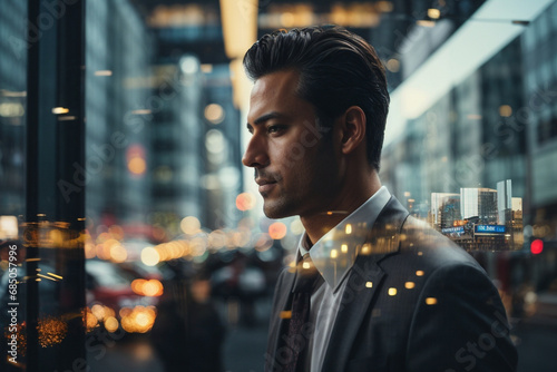 Double exposure of businessman and city