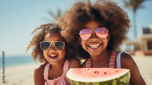 Little African American kids with watermelon slices in the summer by the beach. playing. Little cute children watermelon. Friendship of diverse ethnicity children having fun Summer concept photo