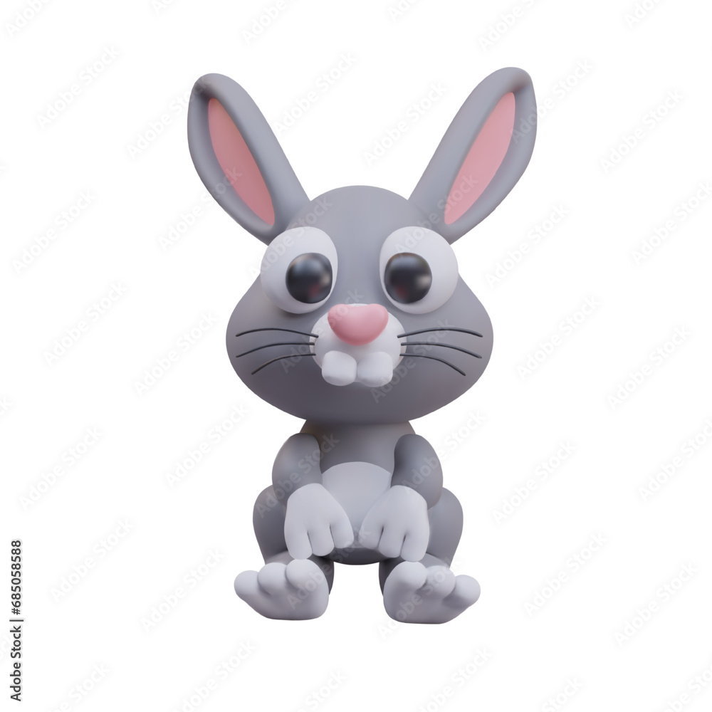 Realistic cute rabbit model on white background. Chinese zodiac symbol. Cartoon toy for store for children. Vector illustration in 3D style in gray colors
