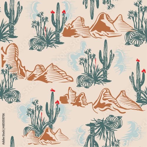 Western Desert Cactus Mountains Vector Seamless Pattern Design, Seamless pattern vector summer cactus on desert, summer tropical pattern background with cactuses, surface textures, textile. Isolated o