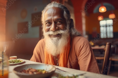 Yoga guru brahman indian on dinner table. God male saint ascetic. Generate Ai photo