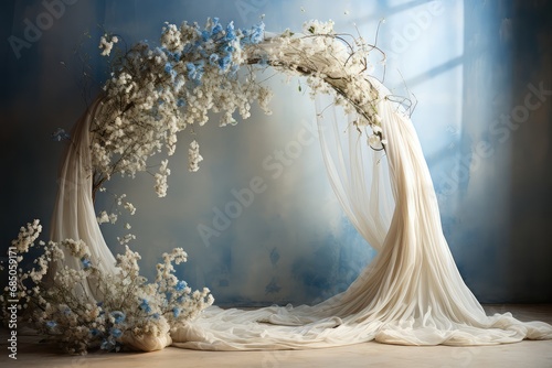 Maternity backdrop, wedding backdrop, photography background, maternity props, Light hoop weaved with blue flowers, white flowers, elegant wall background, flowing white satin drape, backdrop, 