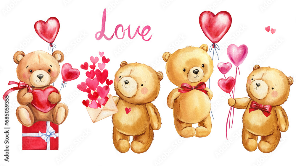 Valentines Day Teddy bear with heart, balloon and envelope. Watercolor illustration isolated white background. Love set Valentines Day Teddy bear with heart, balloon and envelope. Watercolor illustration isolated white background. Love set