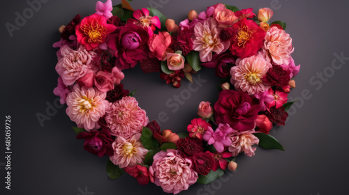 top view of heart-shaped flower arrangement, valentines day, anniversary, birthday, Mother's day or women's day celebration